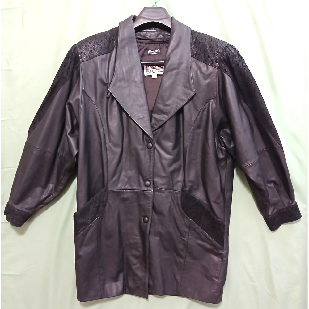 VTG PELLE STUDIO Women's Designer 3-Button Black Leather Thinsulate Coat Size M